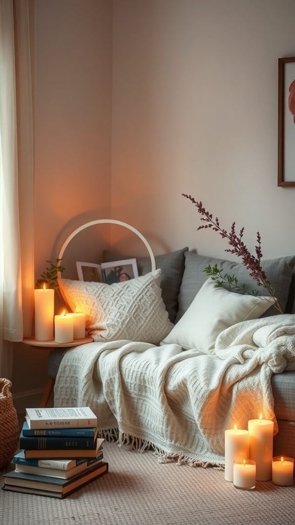 Cozy reading corner with a chair, candles, and books