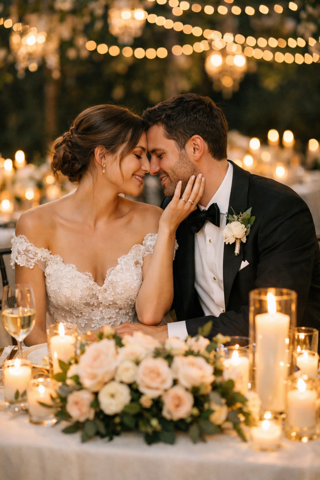 A couple sharing a romantic moment during a candlelit wedding reception.
