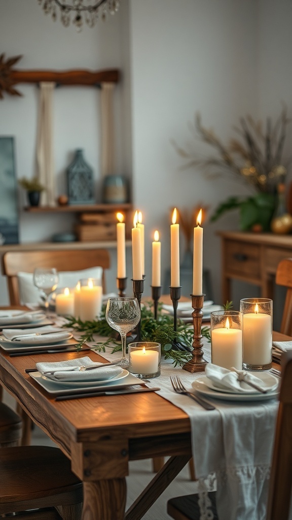A rustic dining table set with candles, glassware, and plates, creating a warm and inviting atmosphere.