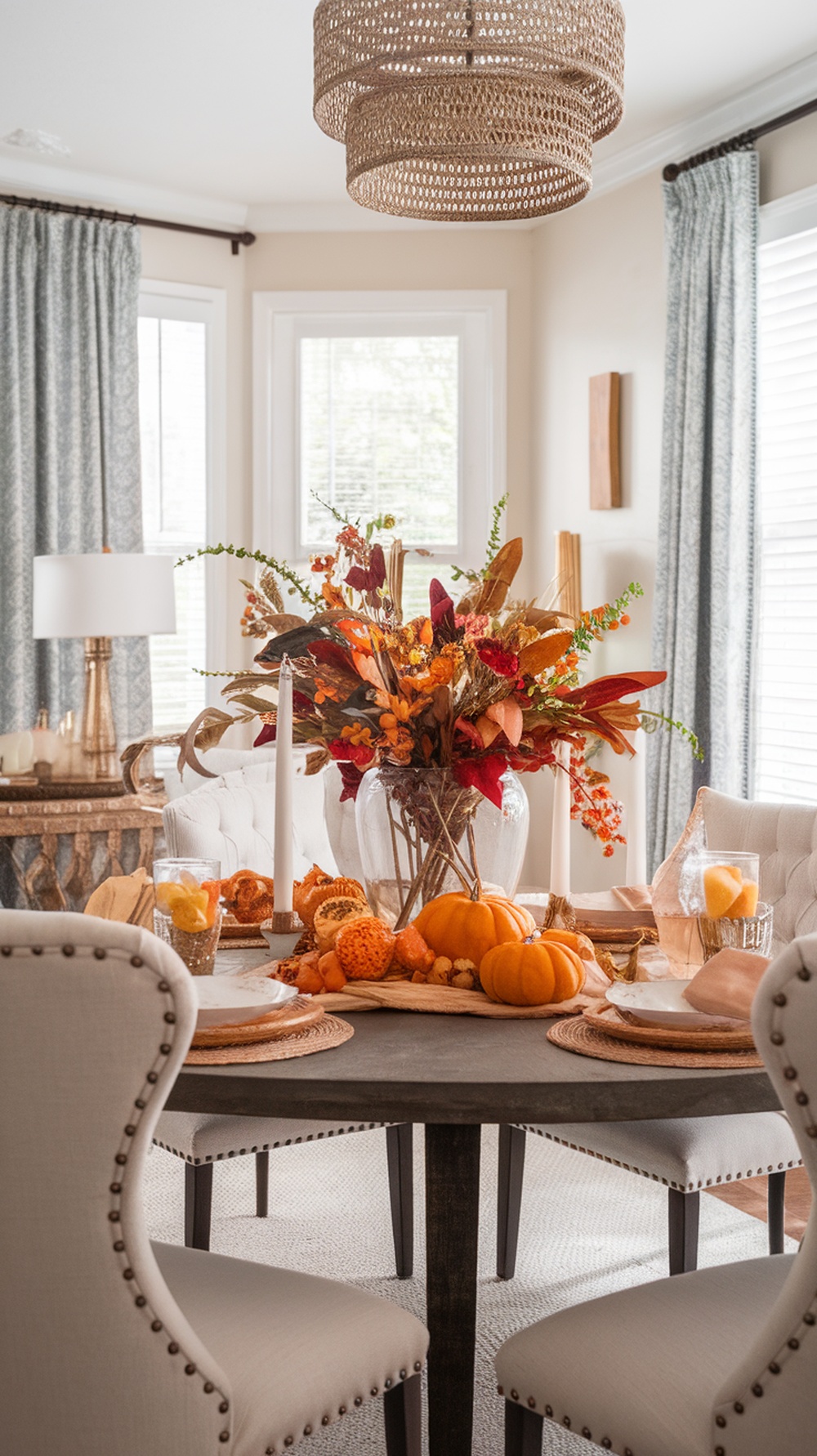 A beautifully set Thanksgiving table with candles, pumpkins, and a floral centerpiece.