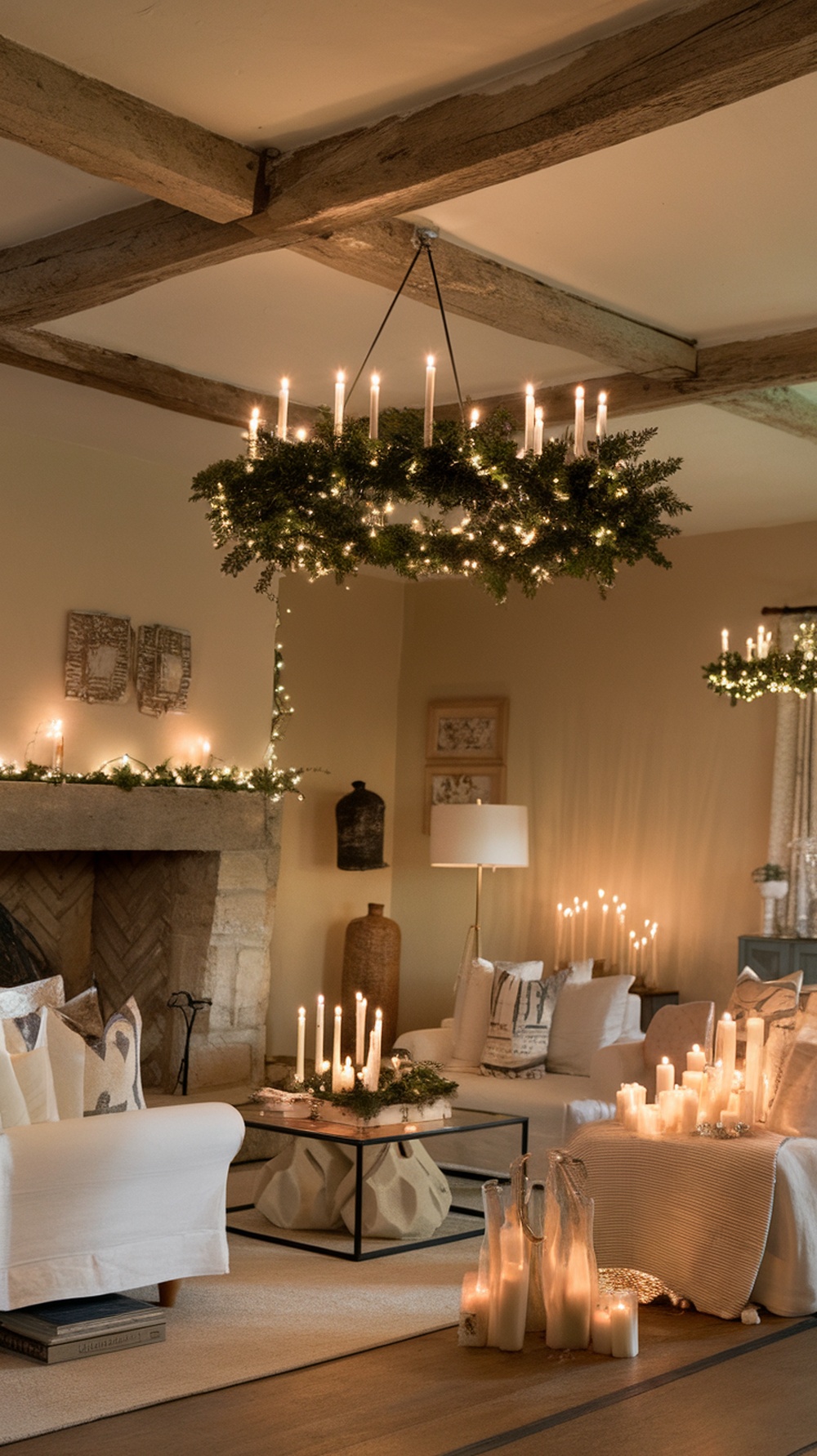 A beautifully decorated candlelit wreath hanging from the ceiling in a cozy living room, surrounded by candles and soft furnishings.