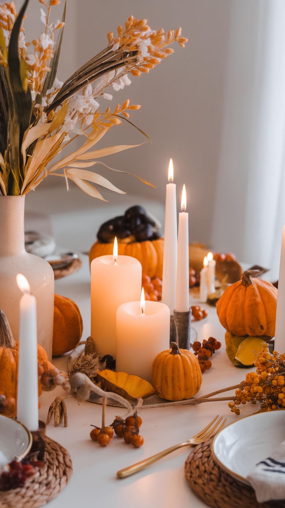 A beautifully arranged Thanksgiving table with candles, pumpkins, and autumn decorations.