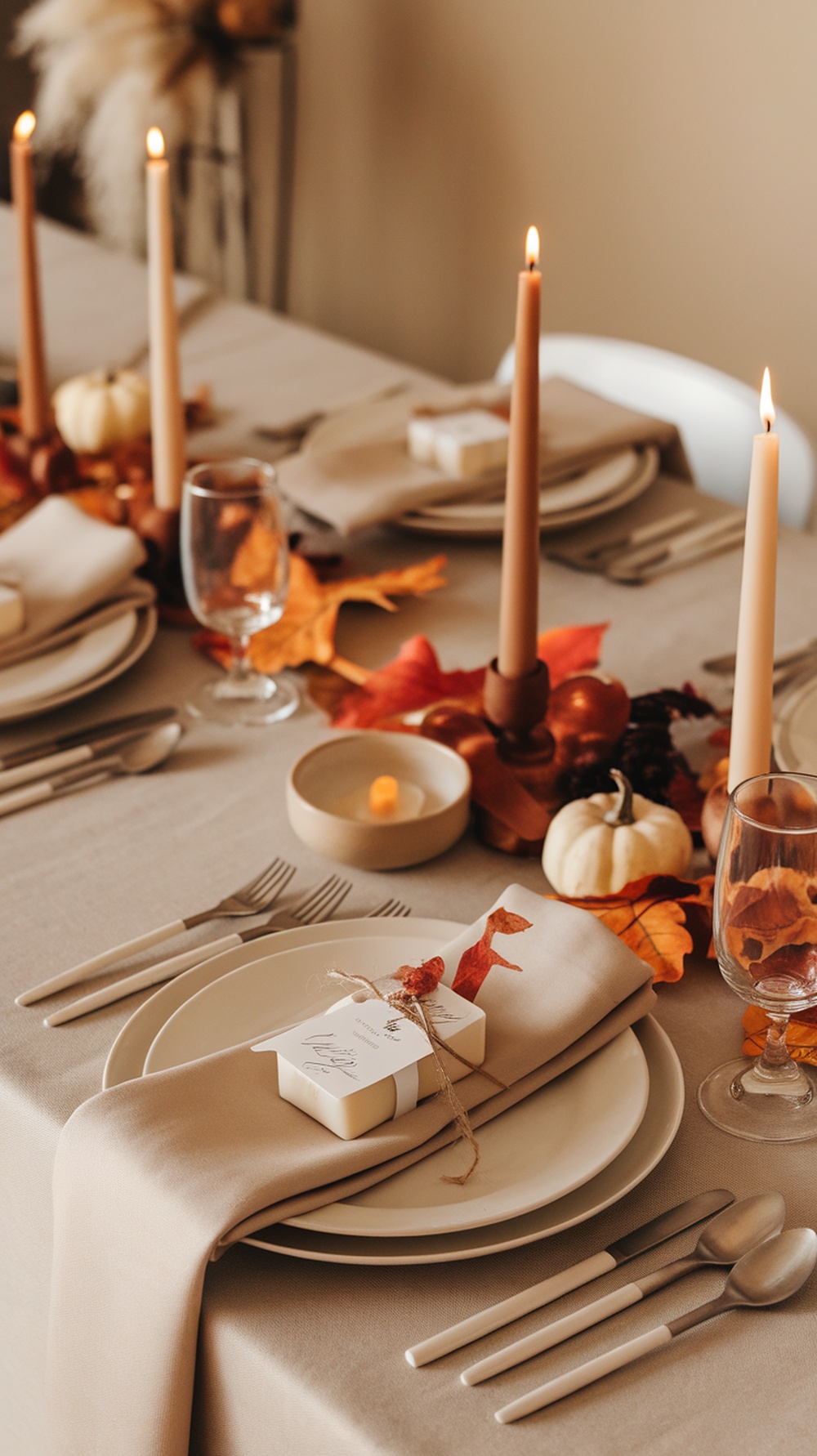 A beautifully set Thanksgiving table with candles, autumn leaves, and decorative items.