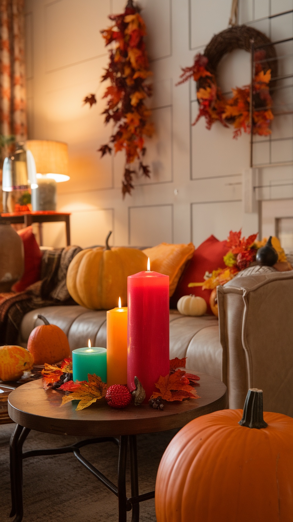 Colorful candles on a table surrounded by autumn decor, including pumpkins and leaves.