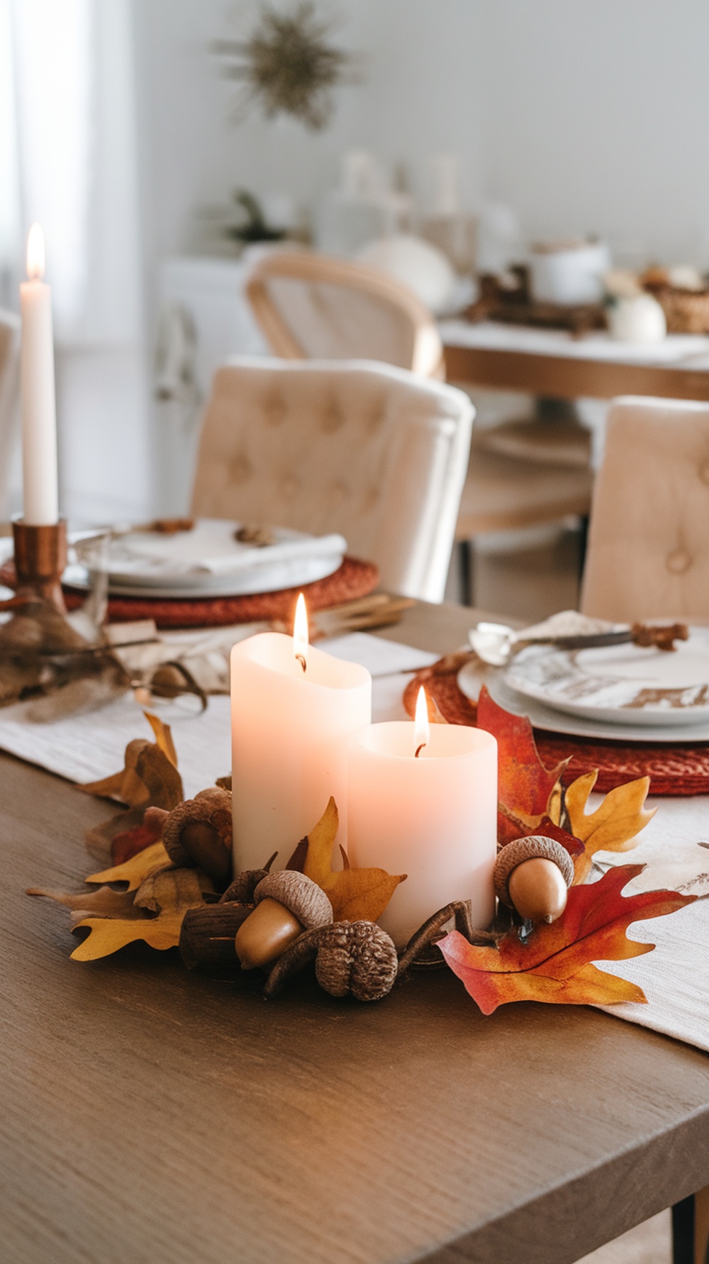 A Thanksgiving table with white candles surrounded by autumn leaves and acorns.