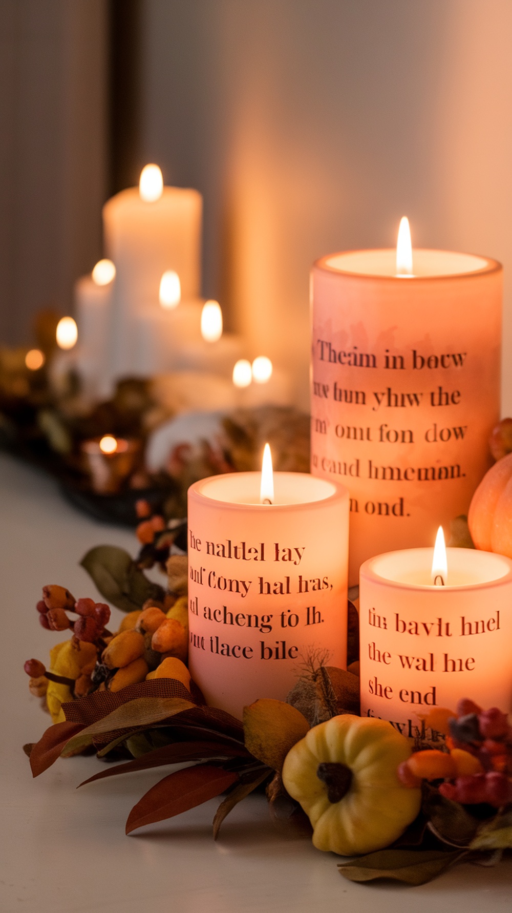 Candles with Thanksgiving quotes surrounded by autumn decorations