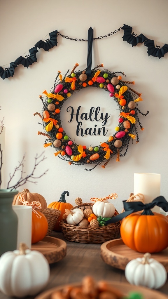 A colorful candy-themed Halloween wreath with the phrase 'Hally hain' and decorative pumpkins.
