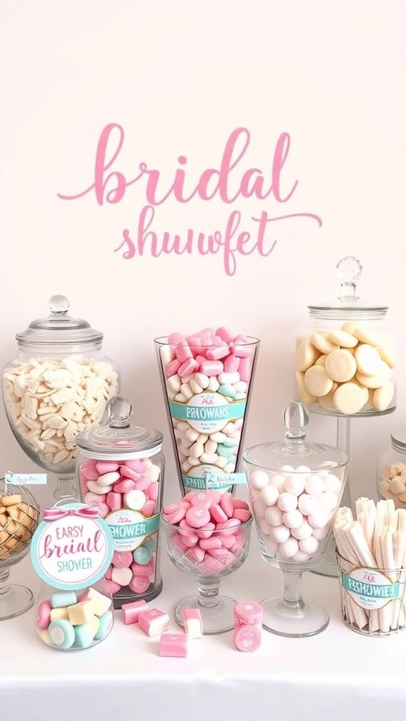 A beautifully arranged candy buffet for a bridal shower featuring pink and pastel colored sweets.