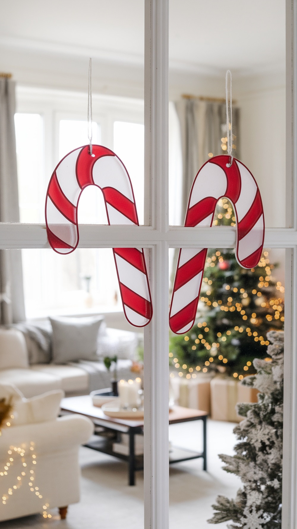 Two candy cane ornaments hanging in a window with a decorated Christmas tree in the background.