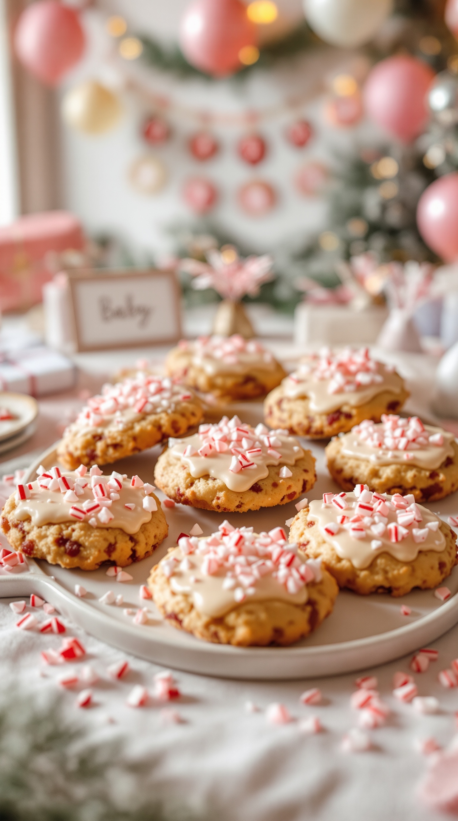 A plate of Candy Cane Crunch Cookies decorated with crushed candy canes on top, set against a festive backdrop.
