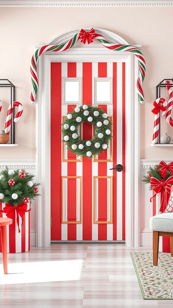 A festive door decorated with red and white stripes, a green wreath, and candy cane accents.