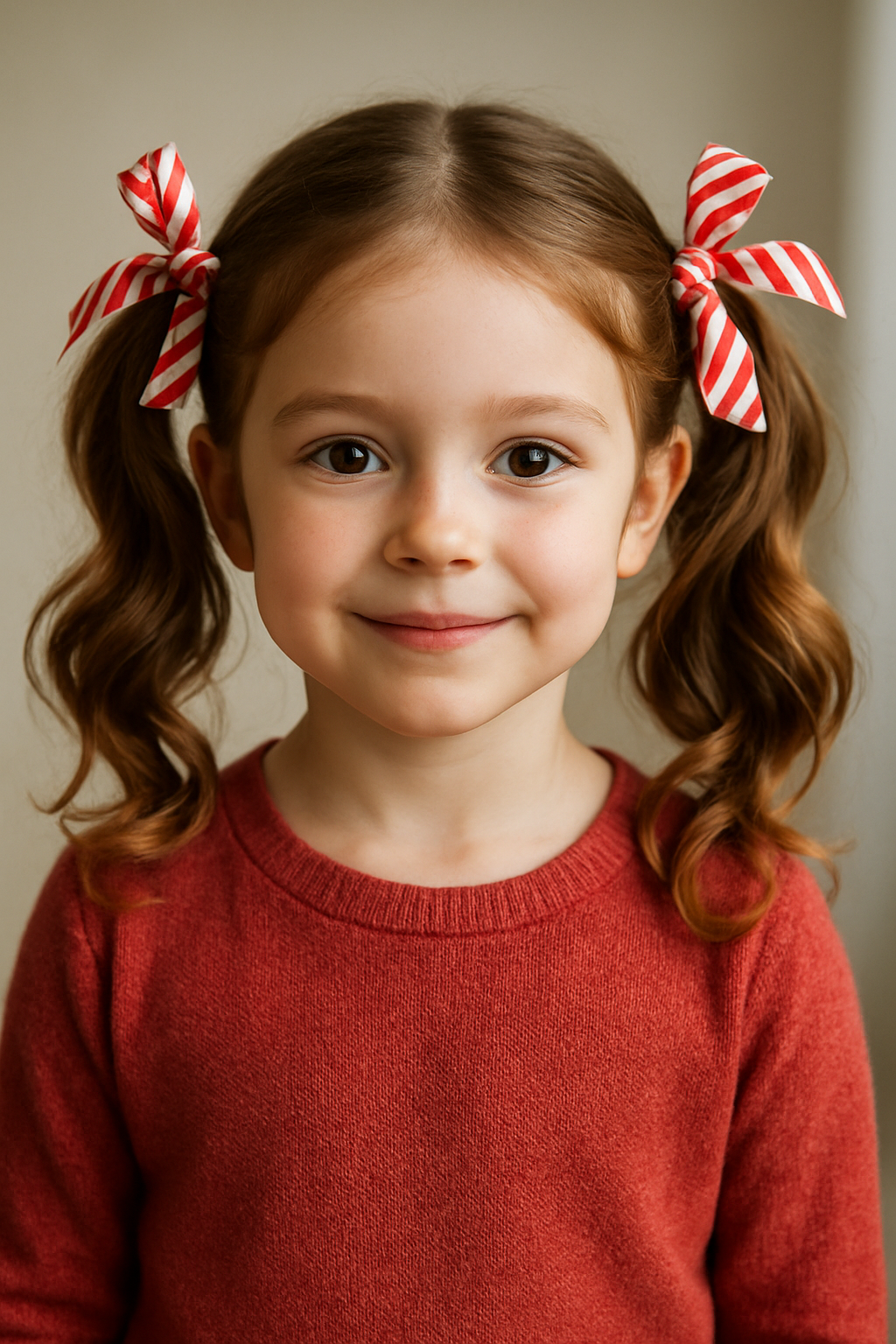 A young girl with candy cane pigtails, featuring red and white striped ribbons, smiling in a cozy red sweater.