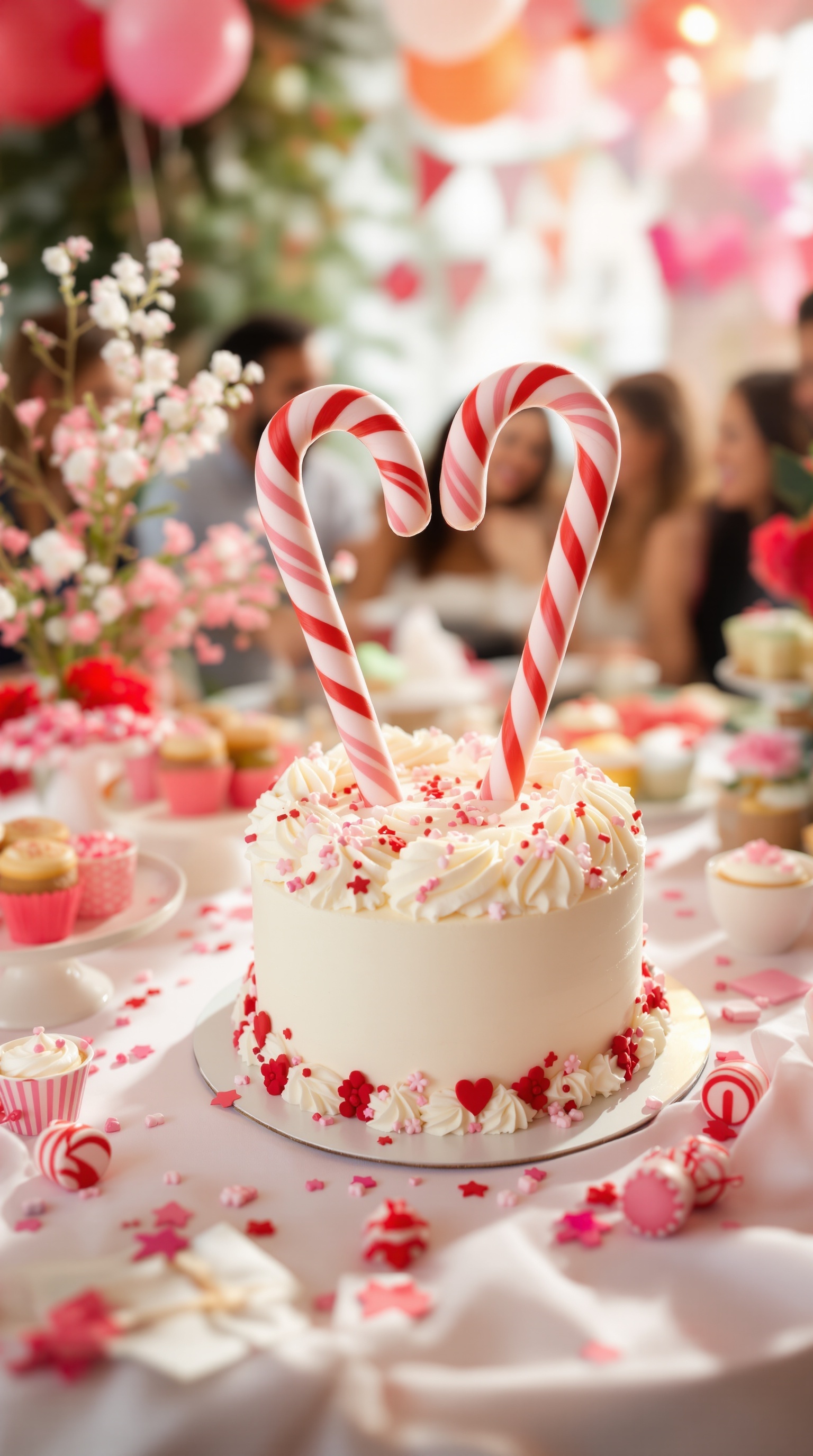 A festive Candy Cane Swirl Cake with candy canes on top, surrounded by pink and red decorations.