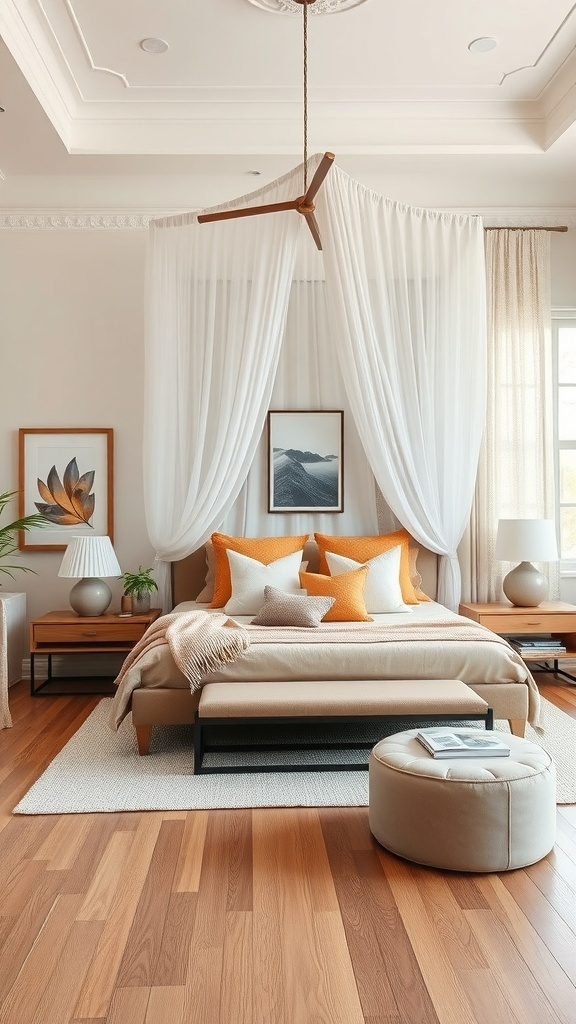 A modern bedroom featuring a canopy bed with sheer drapes and orange cushions, complemented by wooden furniture.