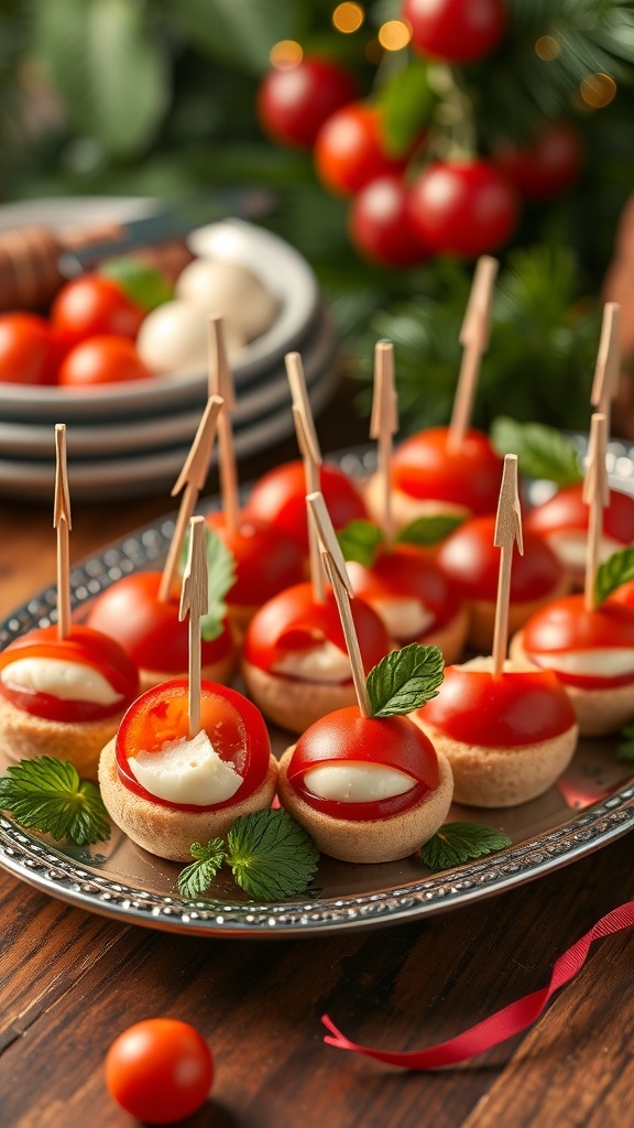 A platter of Caprese salad bites featuring cherry tomatoes filled with mozzarella and garnished with mint leaves, presented on a decorative tray with toothpicks.