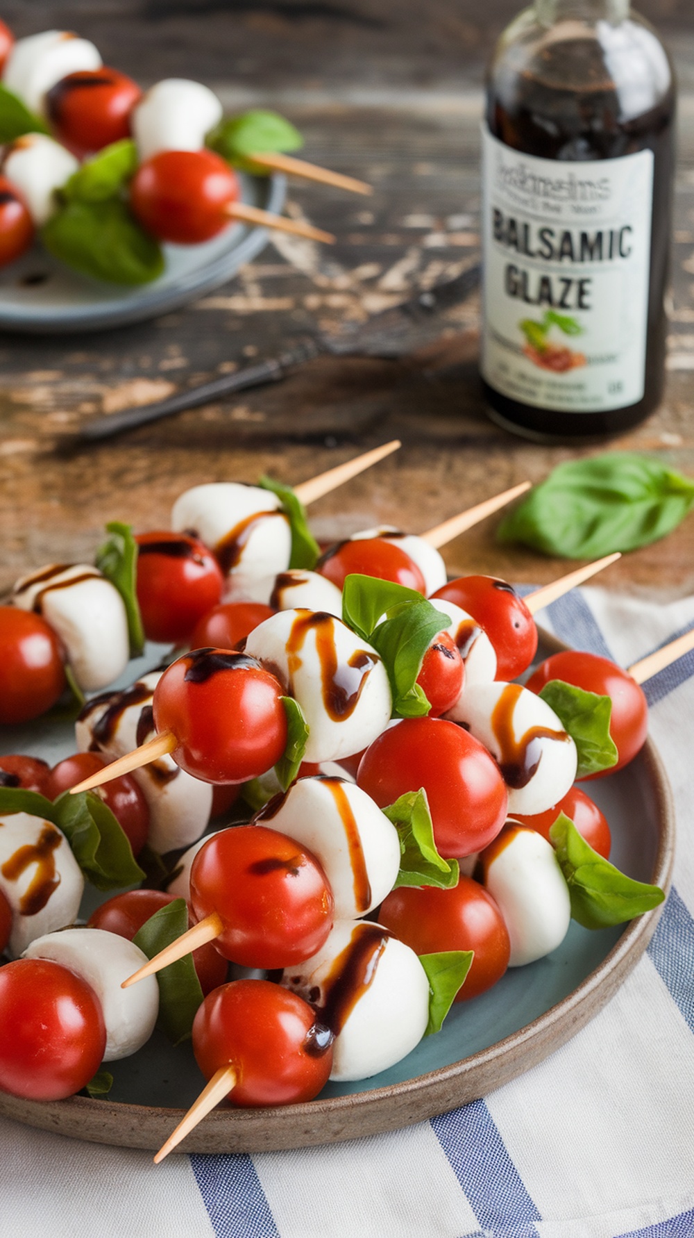 Caprese salad bites with cherry tomatoes, mozzarella, and basil drizzled with balsamic glaze