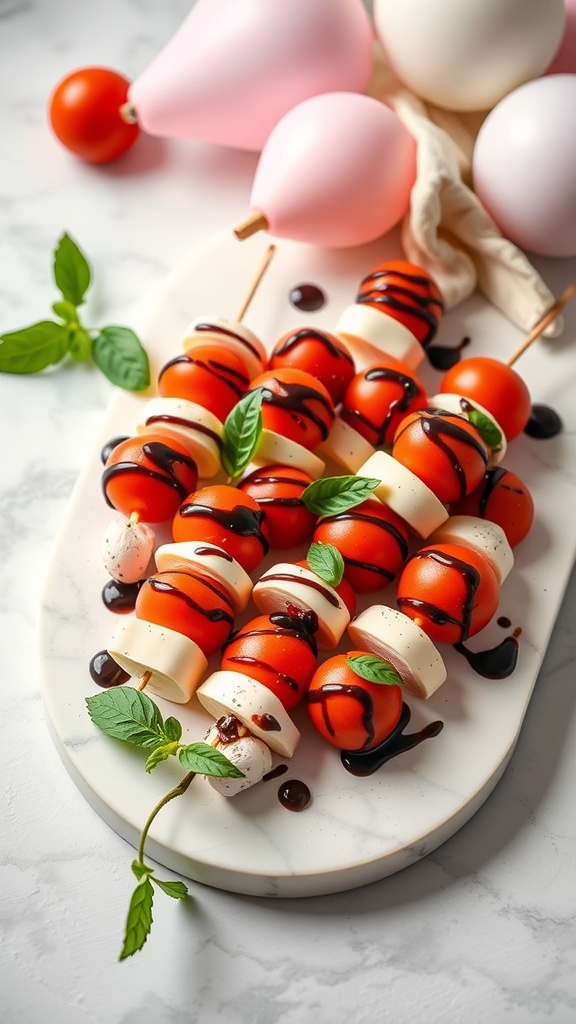 Caprese skewers with cherry tomatoes, mozzarella, and basil drizzled with balsamic glaze on a marble platter