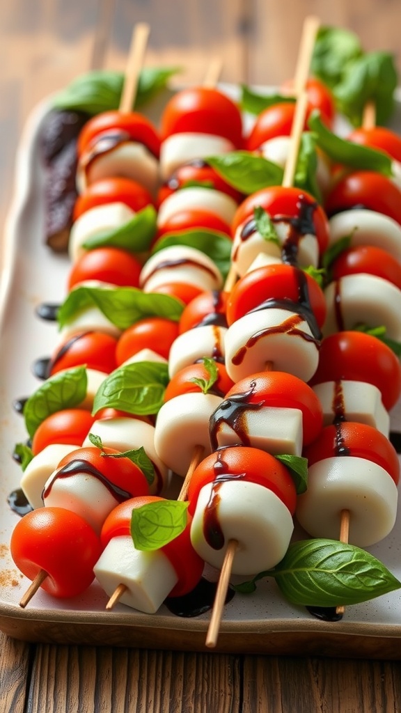 A plate of Caprese skewers with fresh tomatoes, mozzarella, basil, and balsamic glaze.