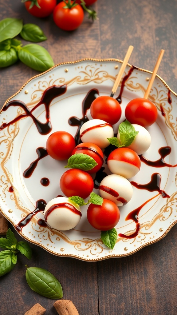 Plate of Caprese skewers with cherry tomatoes, mozzarella, and basil, drizzled with balsamic glaze.