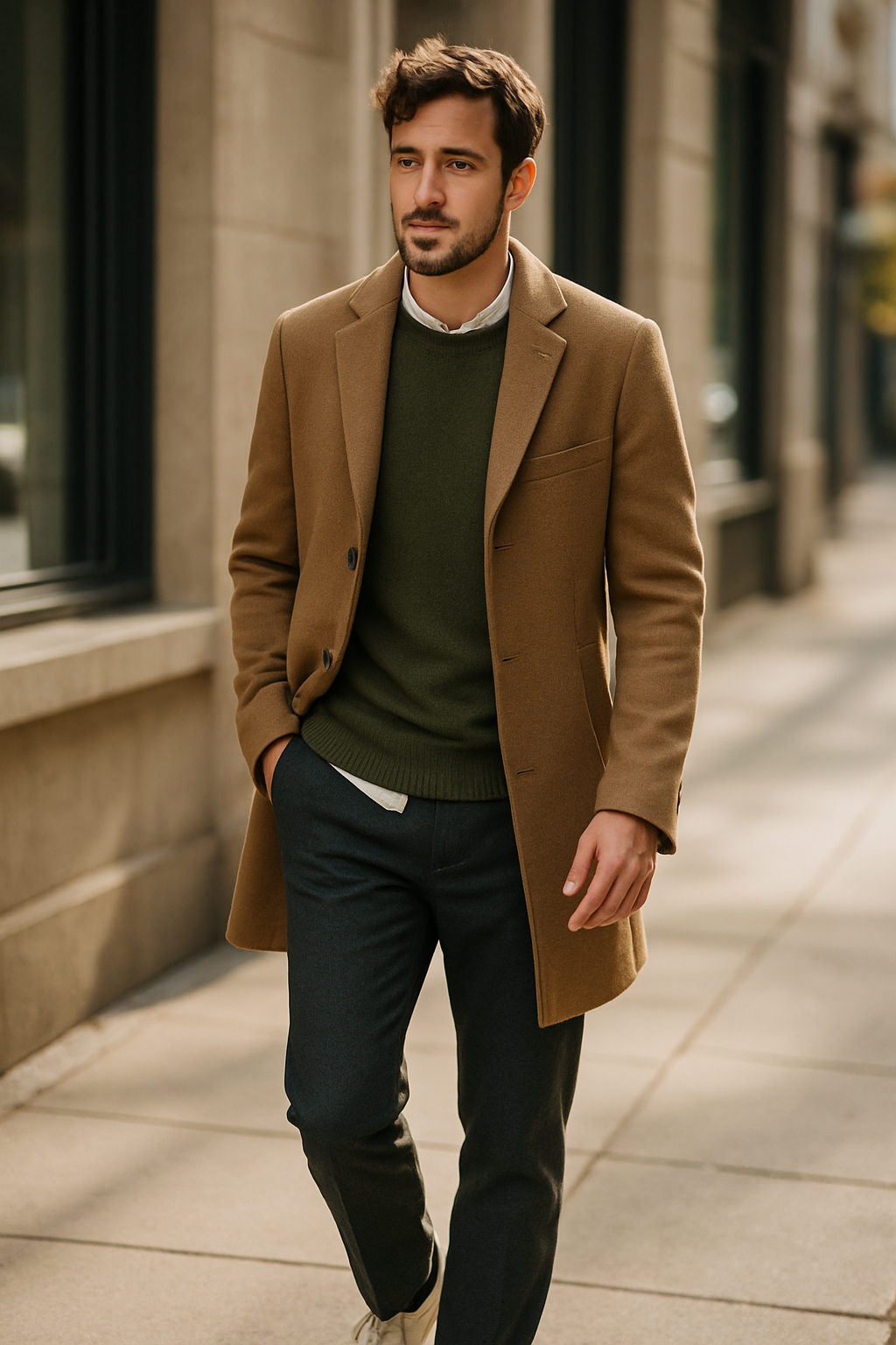 A man walking in a stylish brown overcoat and green sweater, embodying minimalist fashion.