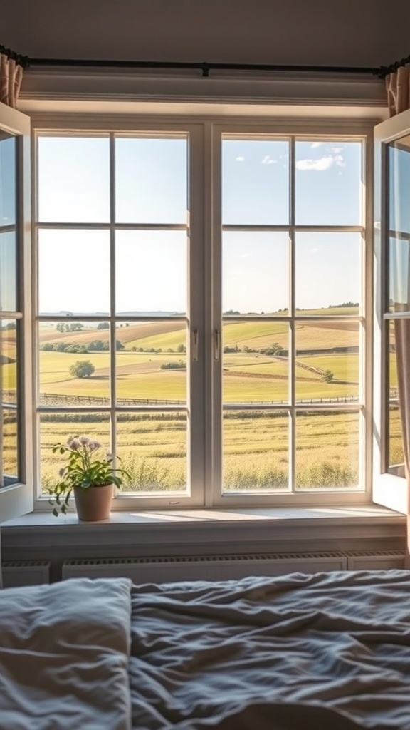 A cozy farmhouse bedroom window with a view of rolling hills and fields.