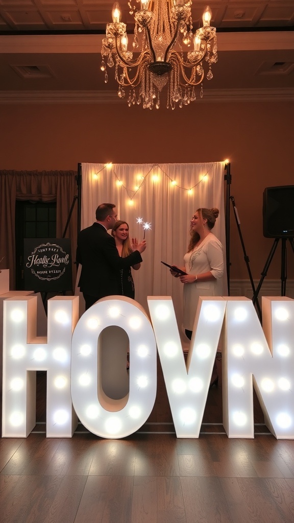 A warmly lit bridal shower venue with a large illuminated sign and people celebrating.