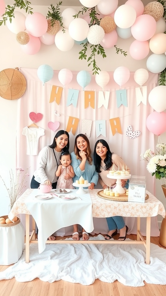 A cheerful photo booth setup for a baby shower brunch with pastel balloons, a banner, and a table of treats.