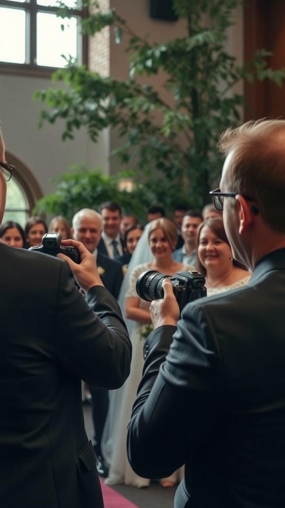 Two photographers capturing a wedding scene with guests in attendance.