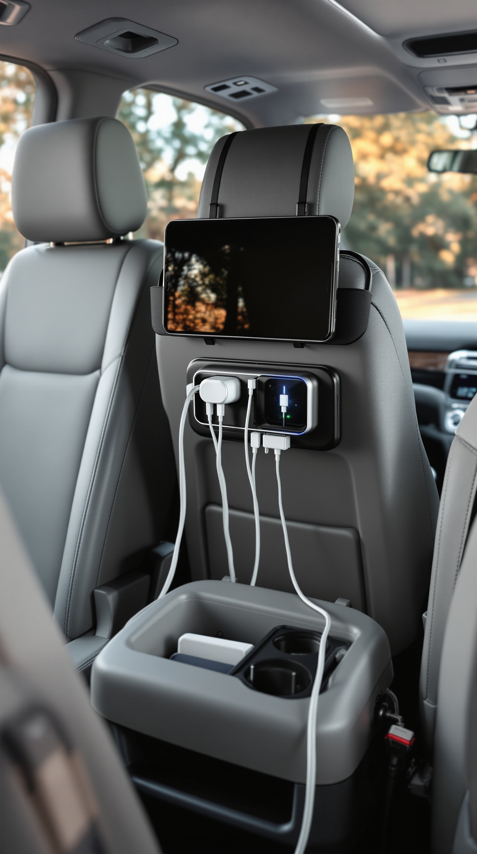 Car charging station with a tablet and multiple charging ports