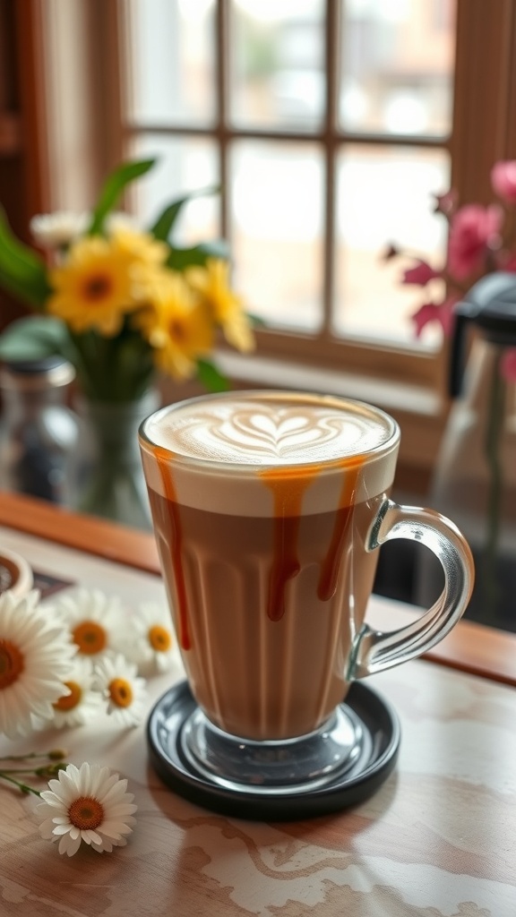 A beautifully crafted caramel macchiato with a drizzle, surrounded by flowers.