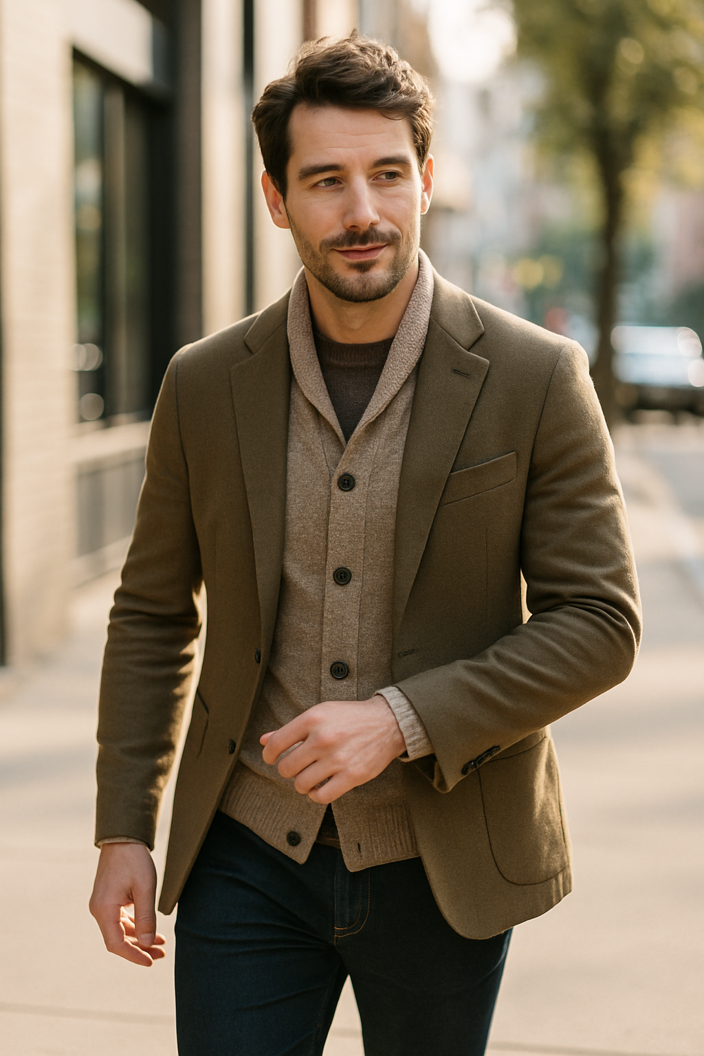 A stylish man walking in a khaki blazer with a casual brown sweater underneath.