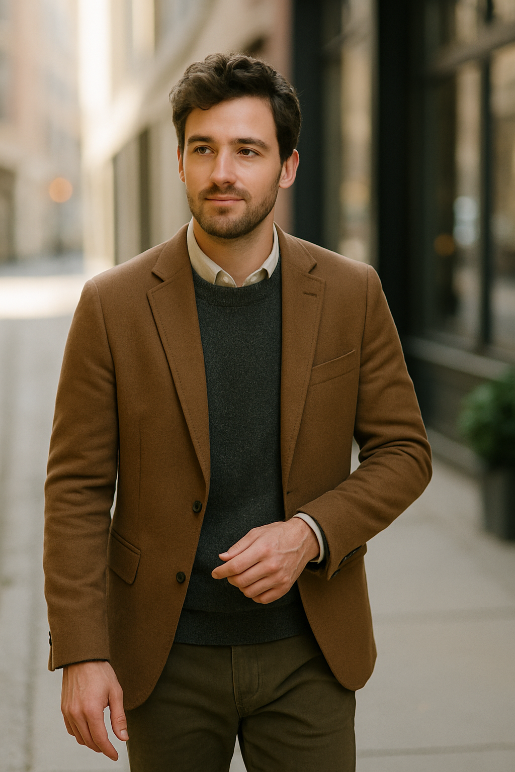 A man wearing a stylish brown blazer, walking confidently in an urban setting.