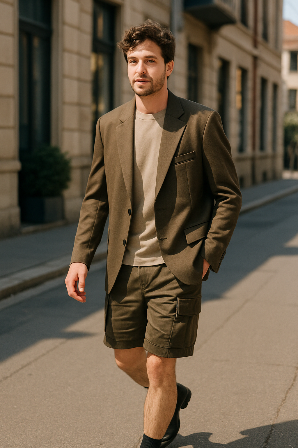 A man walking in a city street wearing cargo shorts, a blazer, and boots.