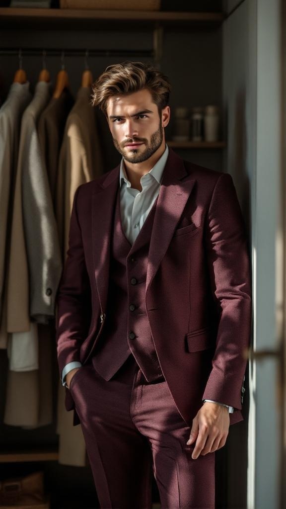A stylish man wearing a maroon suit, standing confidently in a well-organized wardrobe.