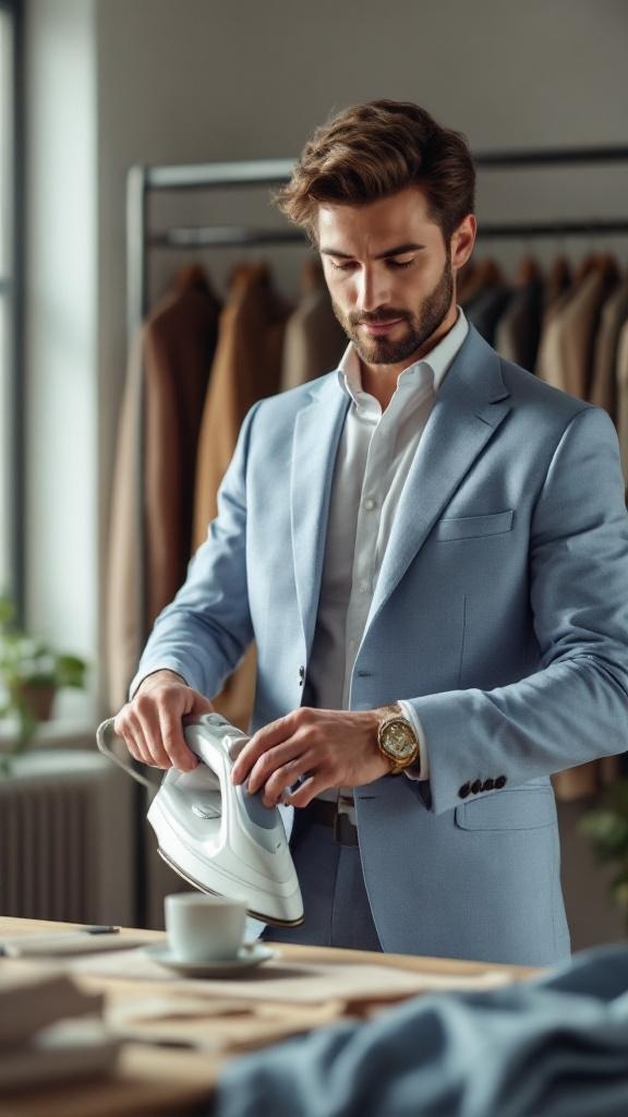 A man in a light blue suit ironing his suit with a steam iron