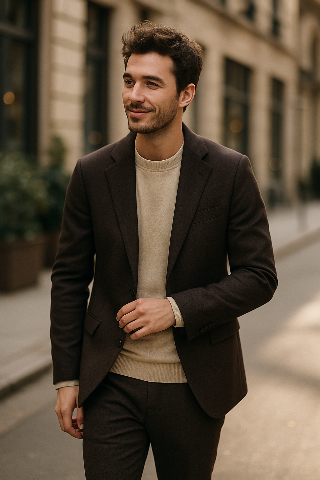 A man wearing a dark brown suit with a light sweater, smiling while walking outdoors.
