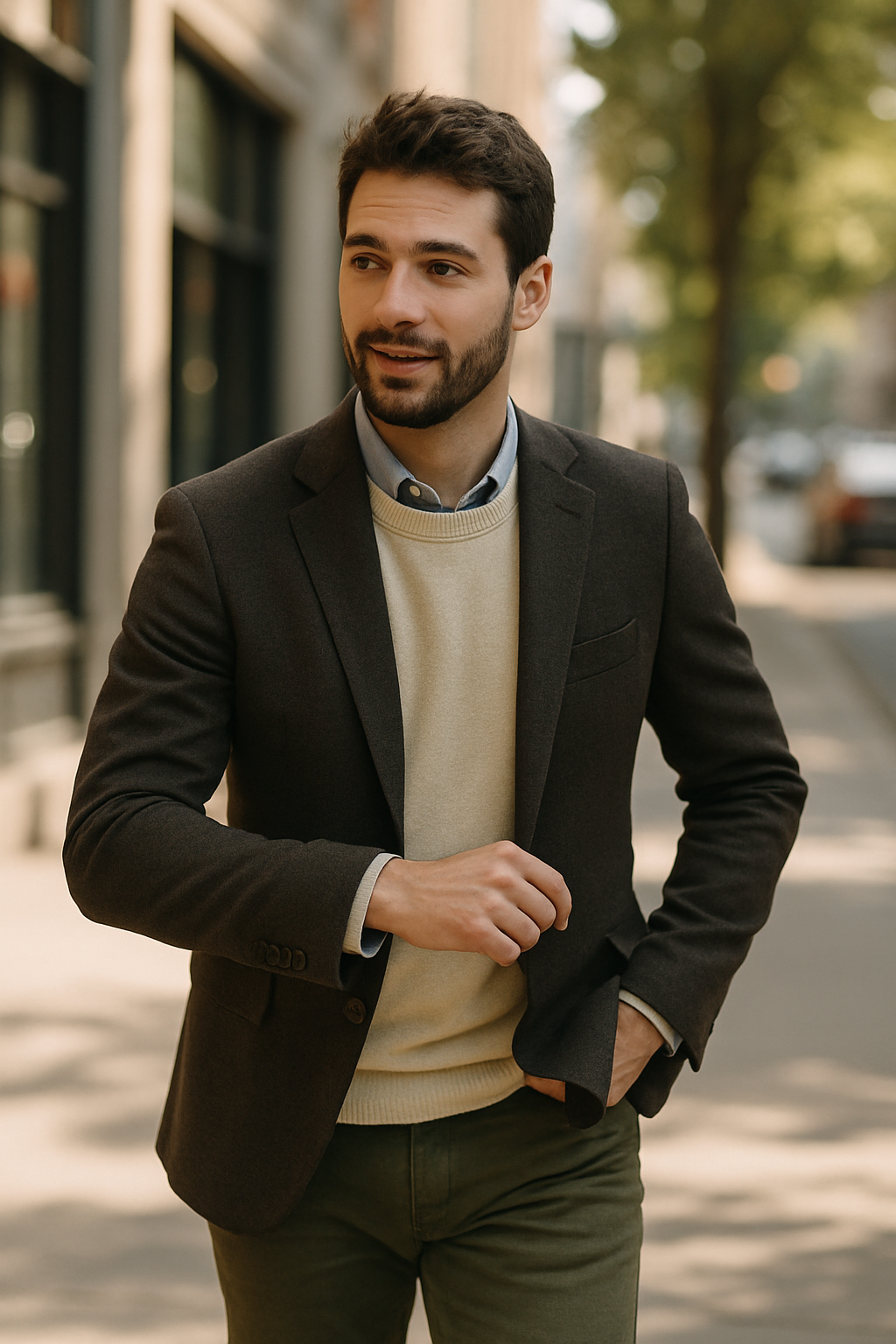 A man wearing a black blazer over a sweater, confidently strolling down a city street.