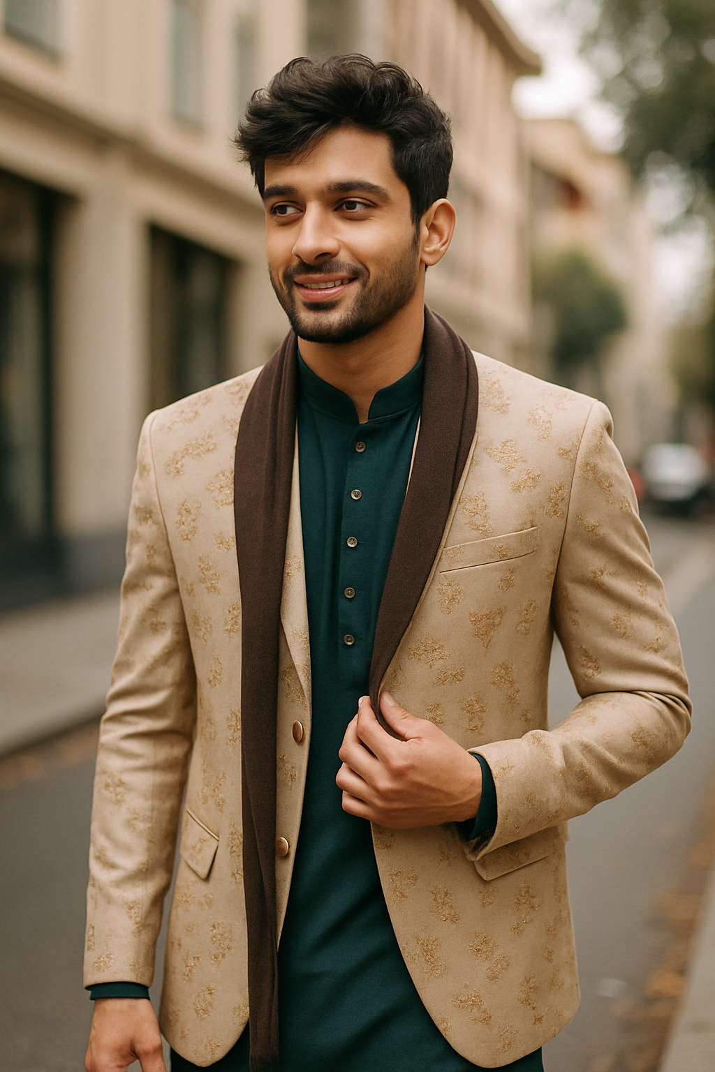 A man wearing a stylish blazer with intricate patterns, suitable for a wedding in India.