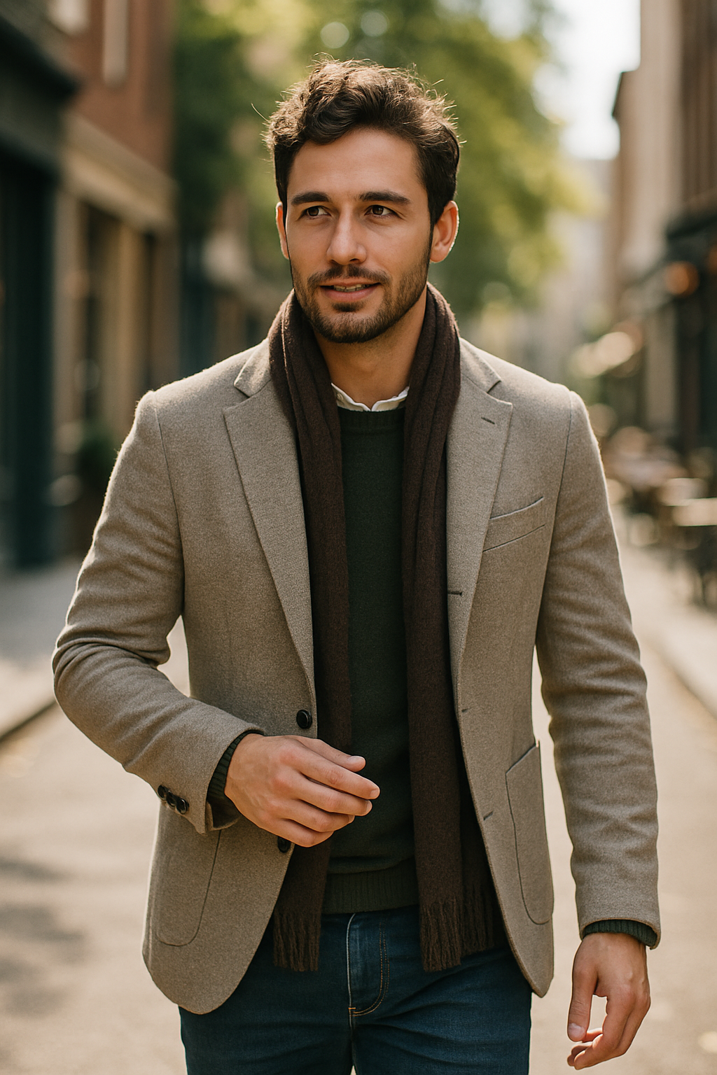 A man wearing a business casual blazer, walking outdoors with a scarf.