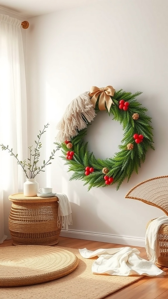 A curly deco mesh wreath with red berries and a bow, displayed in a cozy room.