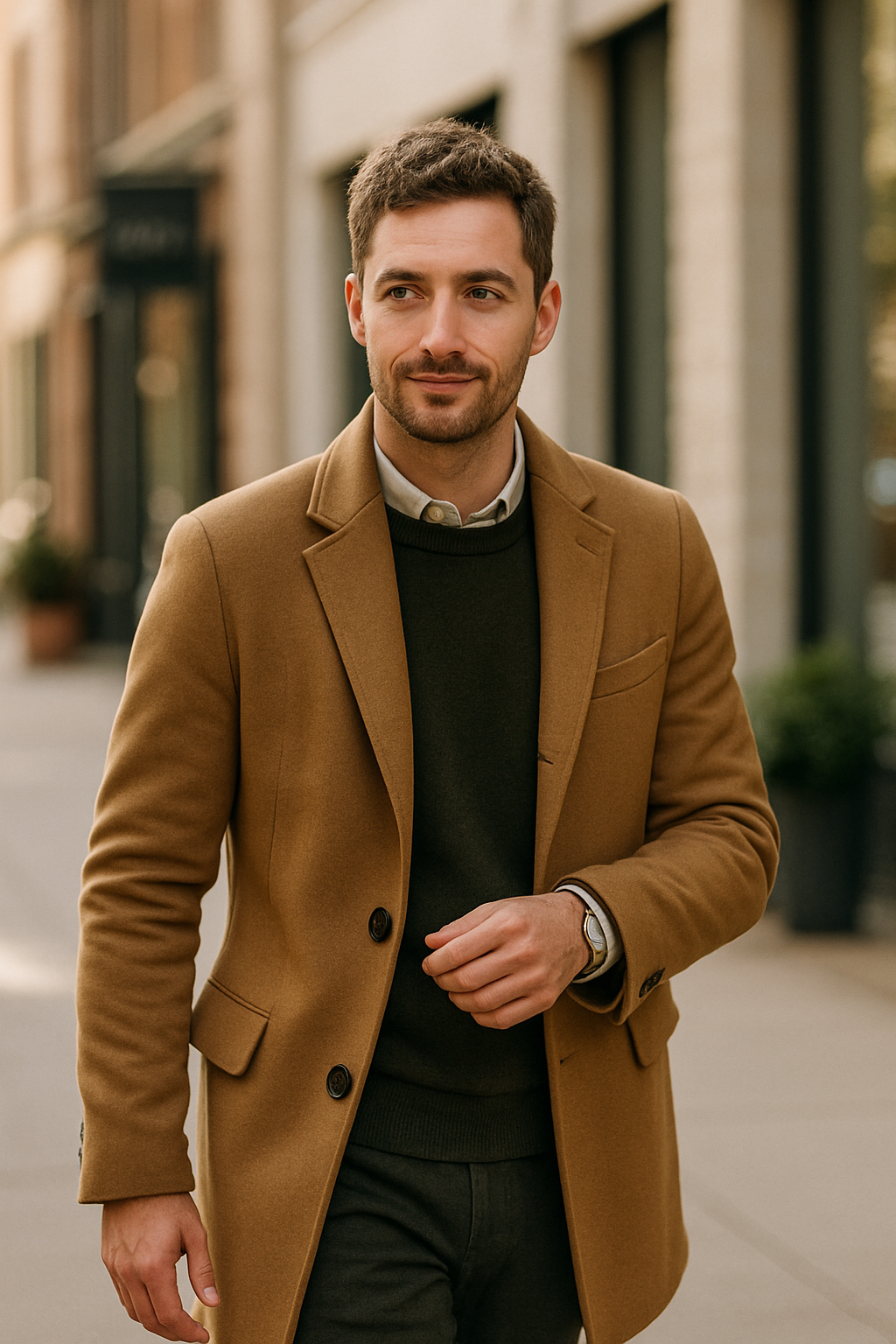 A man in a stylish formal suit walking confidently down the street.