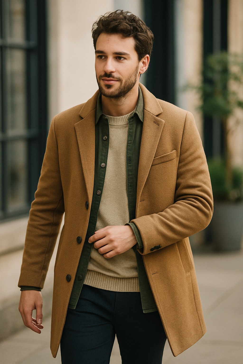 A man wearing a stylish gray suit, walking confidently.