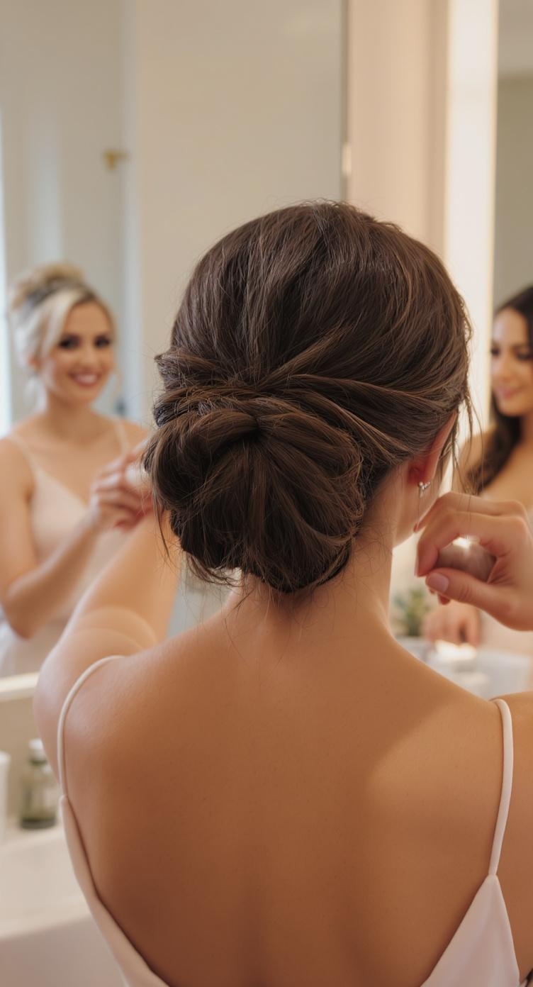 A bridesmaid with a messy bun hairstyle, preparing for a wedding, with another bridesmaid in the background.