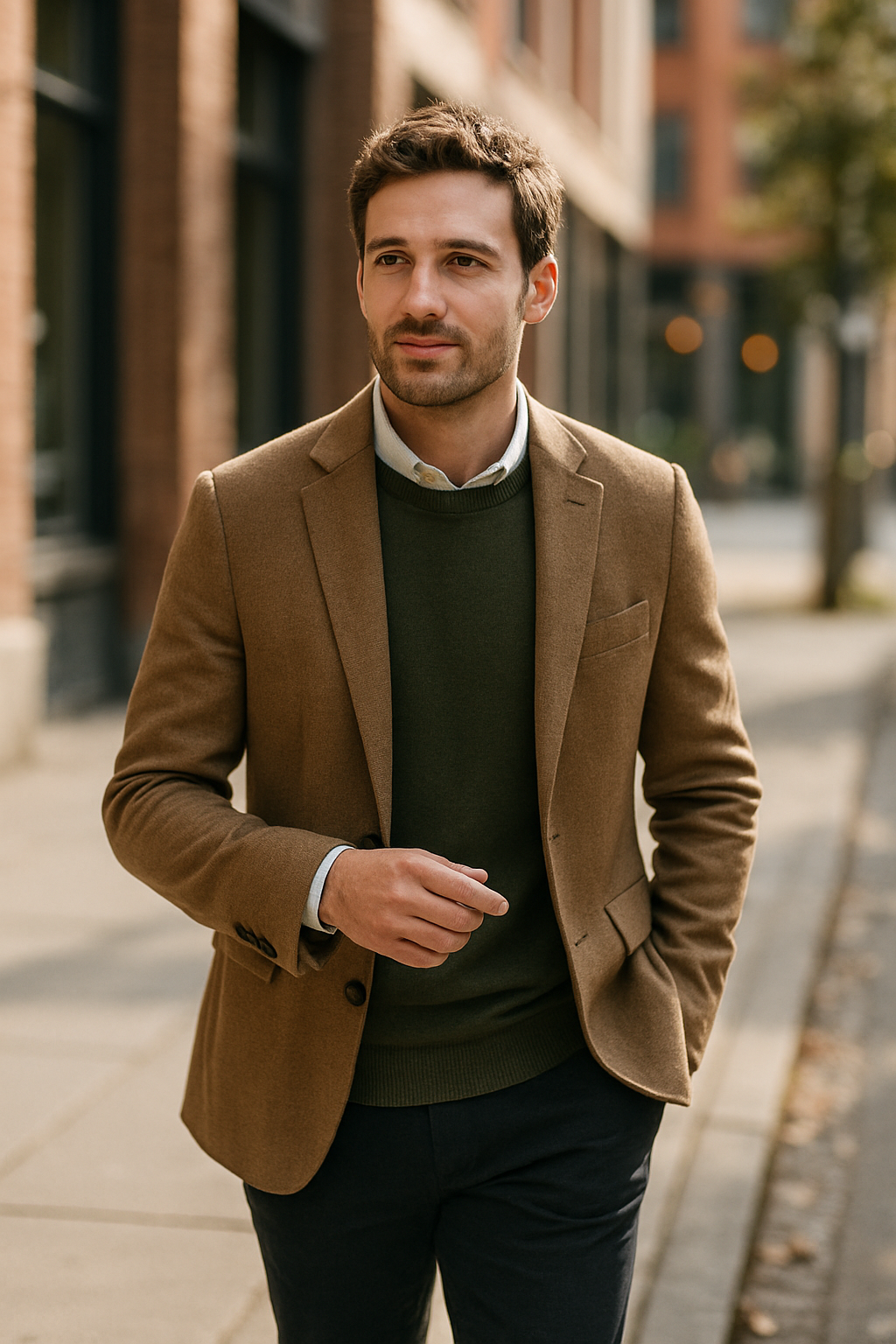 A well-dressed man strolling in a city, wearing a linen shirt layered under a sweater and blazer.