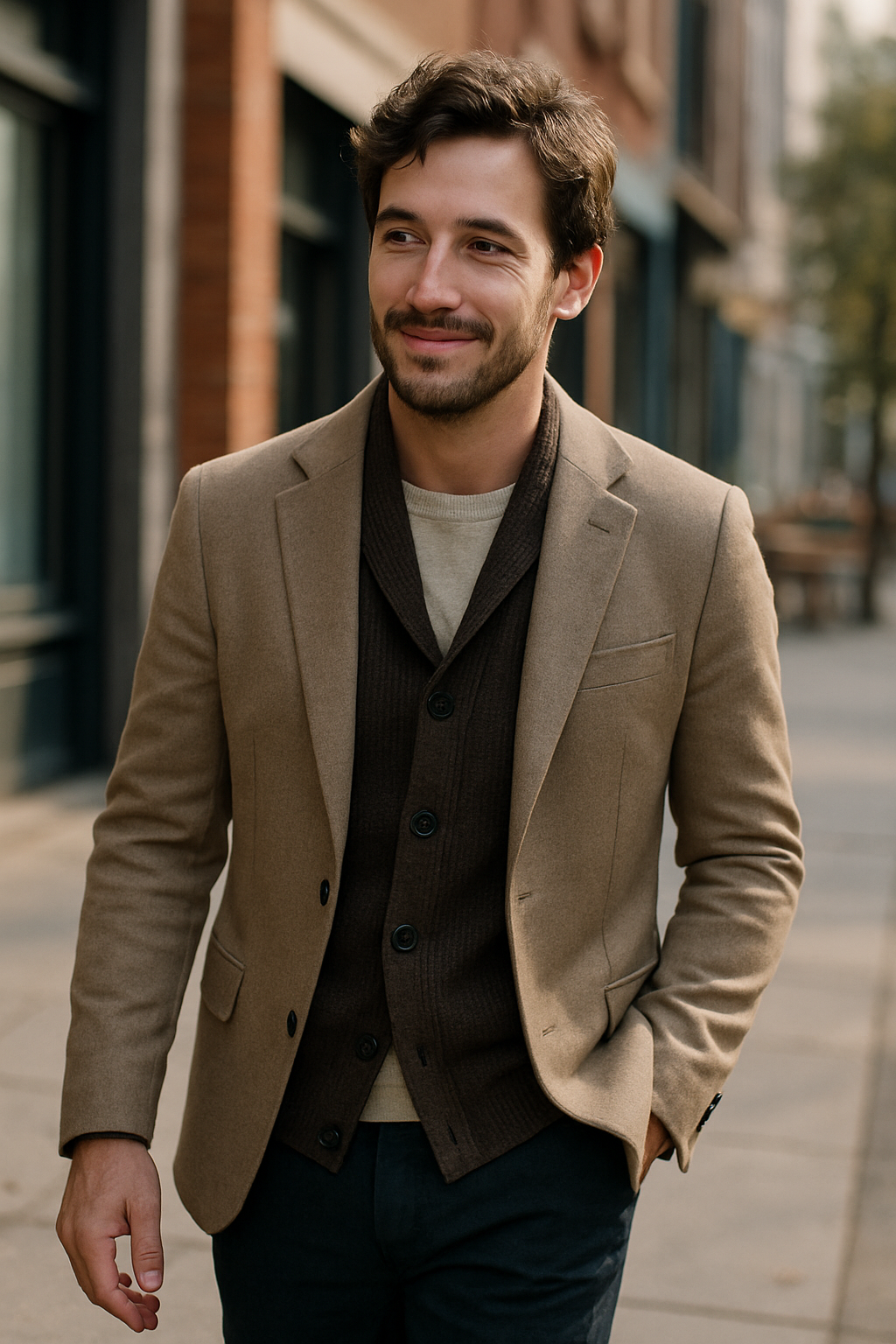 A man wearing a stylish linen suit, walking confidently down a city street.
