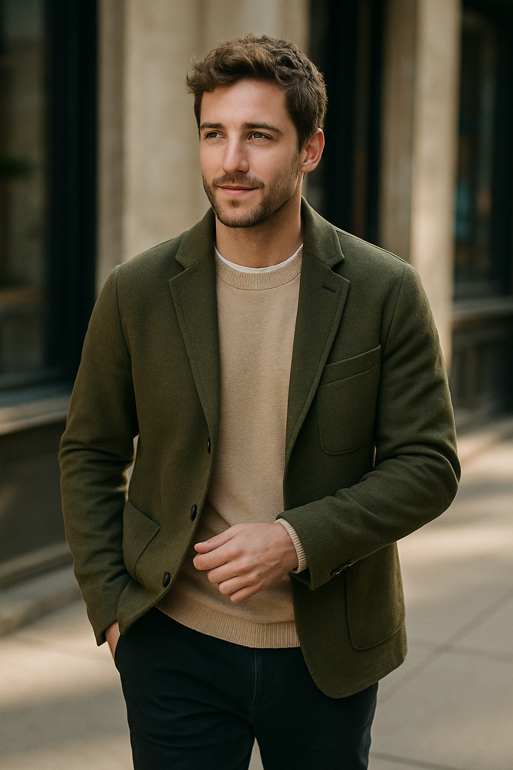 A man wearing an olive green suit with a beige sweater, walking confidently.