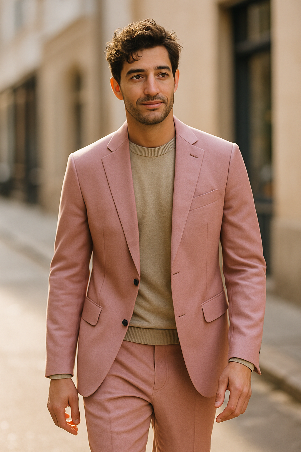 A man wearing a pink suit with a beige sweater, walking on a city street.