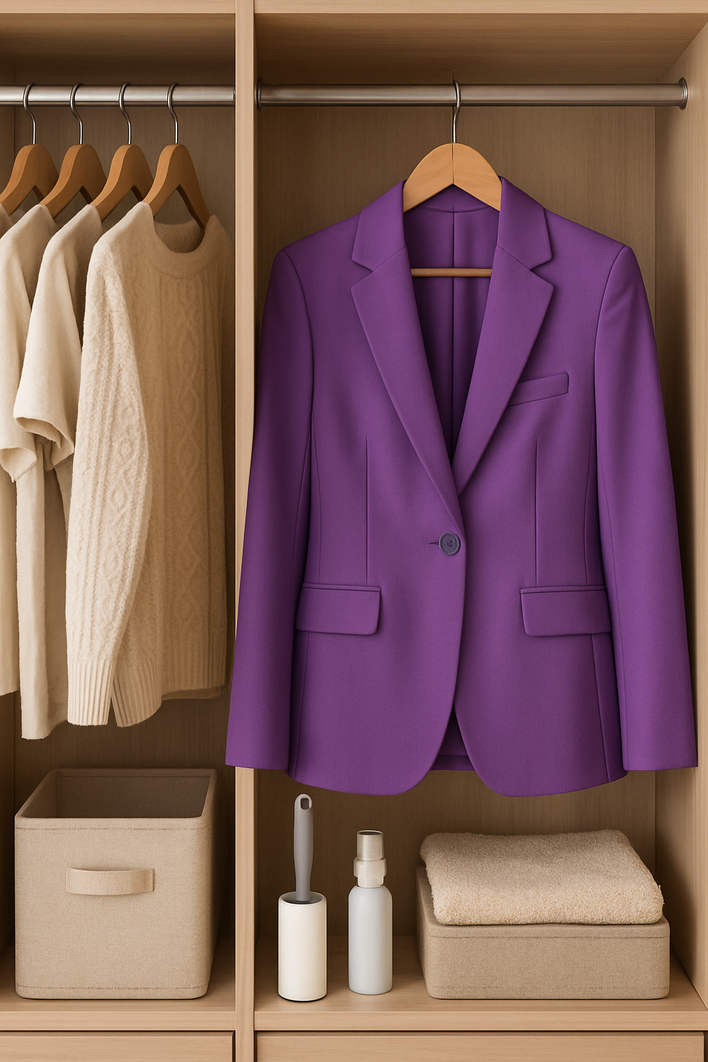 A stylish man wearing a purple blazer, smiling while walking outdoors.