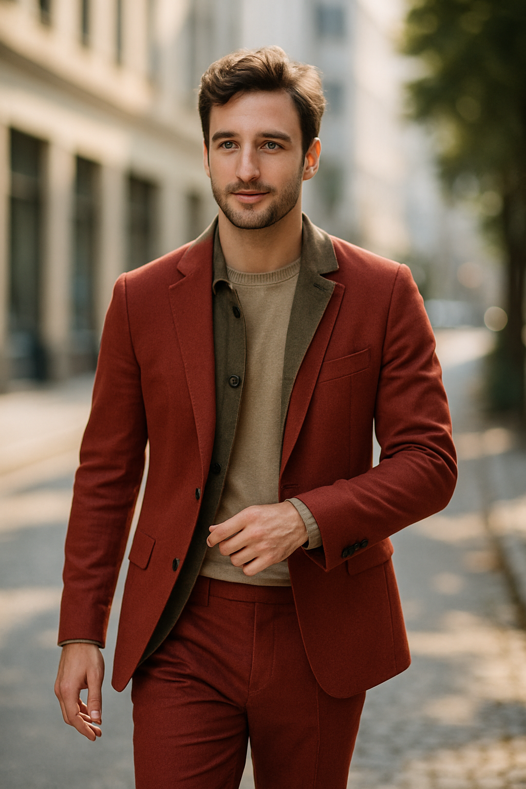 A man in a stylish red suit walking confidently on a city street.