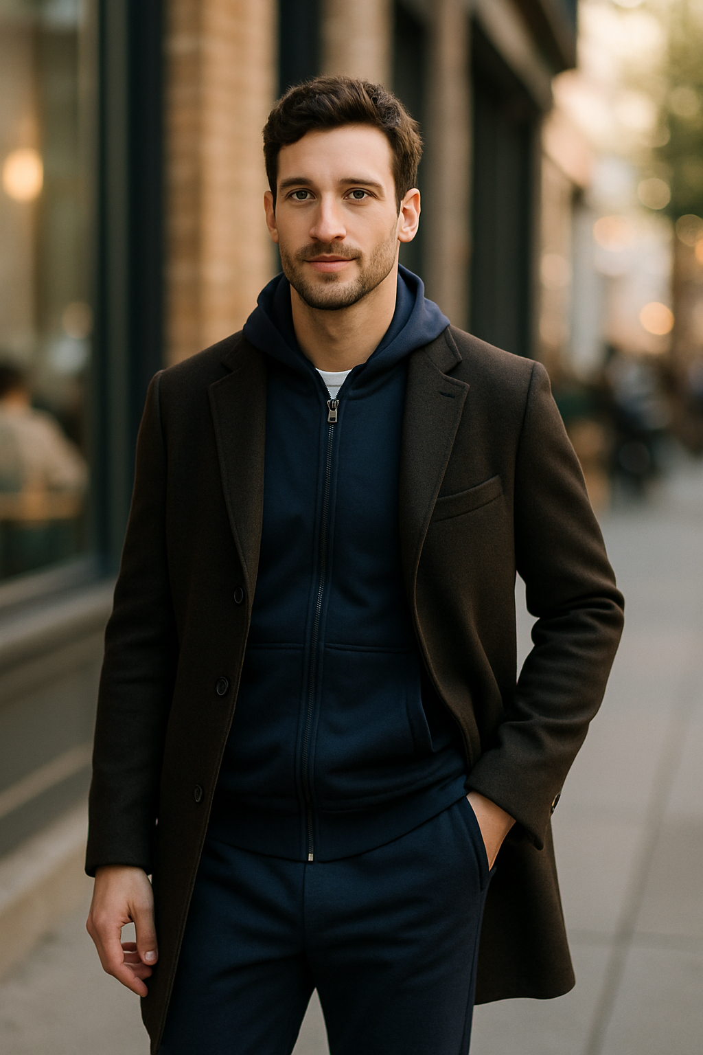 A man wearing a stylish track suit with a coat, standing outdoors.